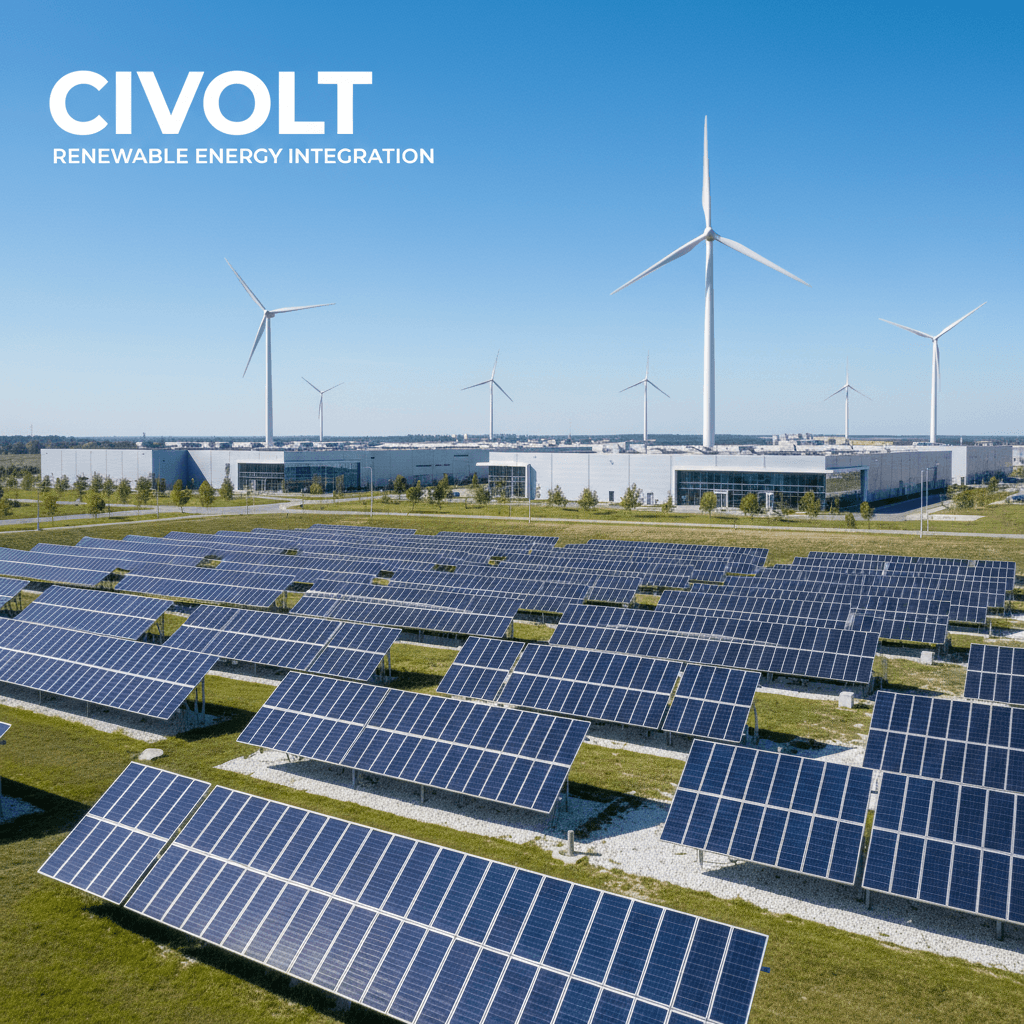 Solar panels and wind turbines in a sunny industrial landscape, showcasing renewable energy.