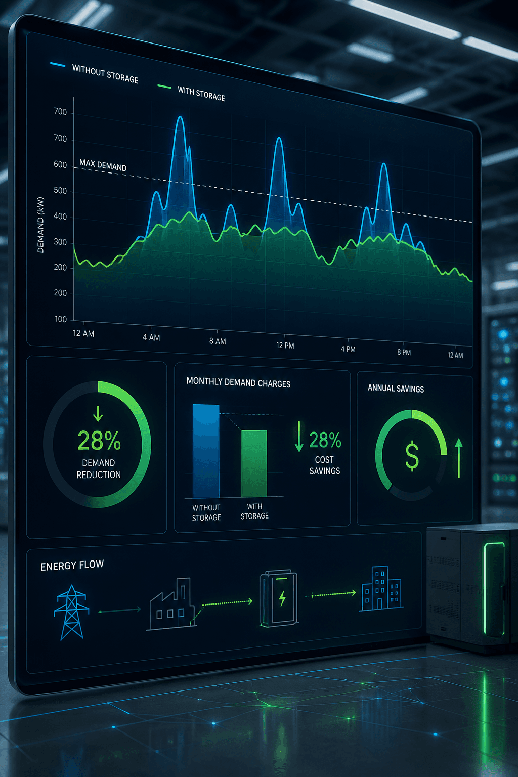 Energy dashboard showing demand reduction and cost savings metrics using battery storage technology.