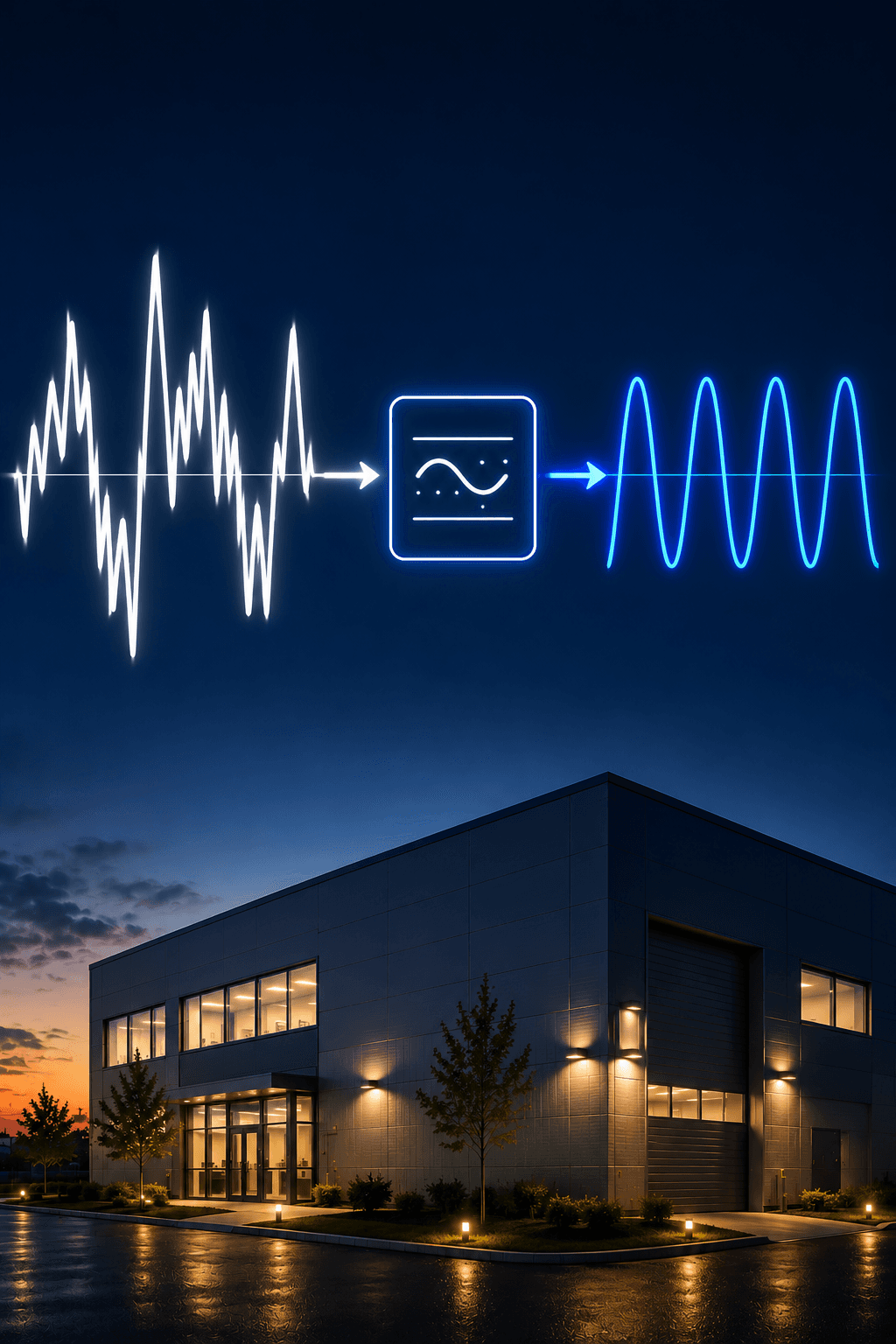 Jagged white waveform filtered into a smooth blue sine wave above a modern industrial building.