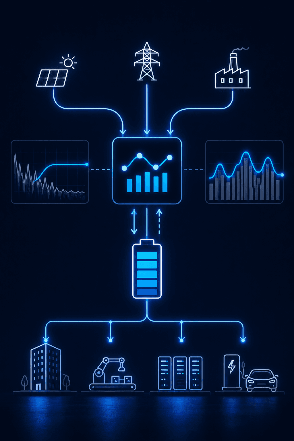 Neon blue infographic showing energy flow from multiple sources to battery storage and various consumers.