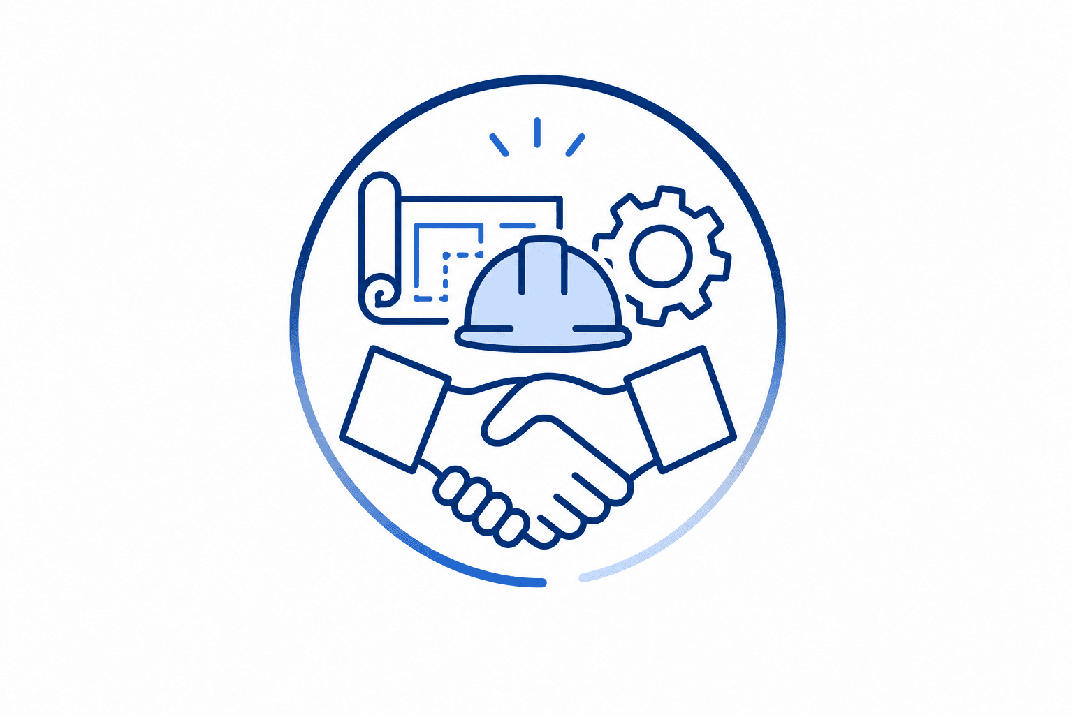 Blue circular icon featuring a handshake, hard hat, gear, and blueprint representing construction and collaboration.