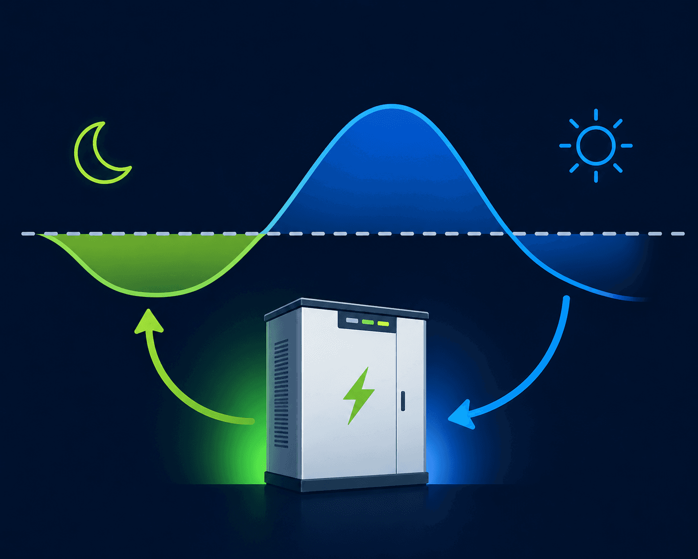 Battery storage system illustrating solar energy collection by day and power usage at night.