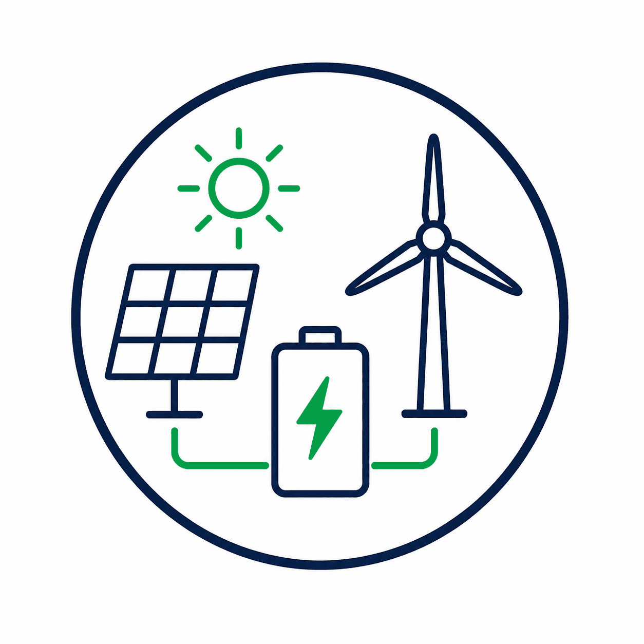 Circular icon featuring a green sun, blue solar panel, wind turbine, and battery storage.