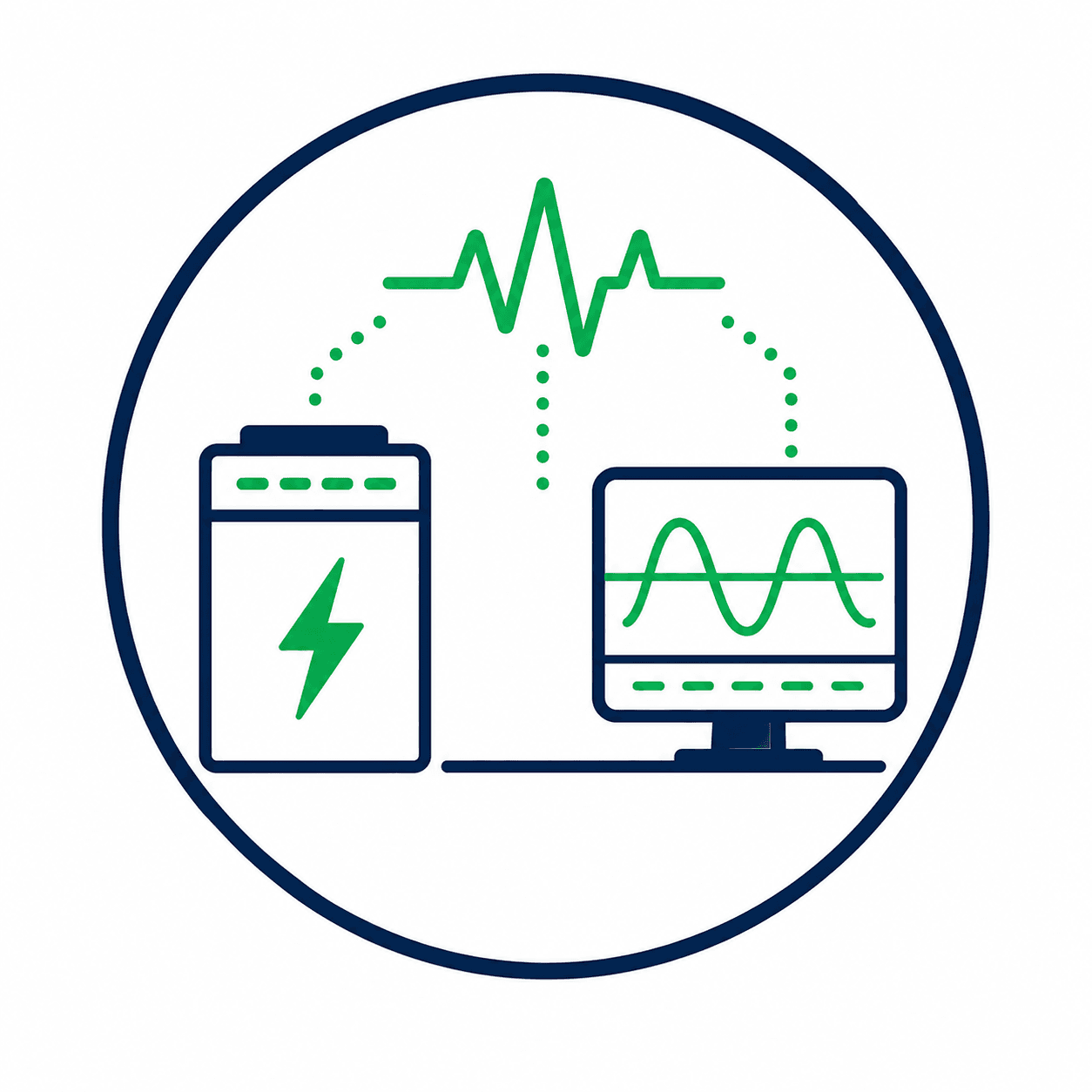 Battery and monitor icons connected to a green pulse wave in a blue circle.