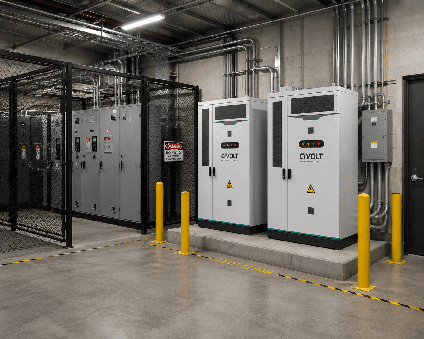 Industrial electrical room featuring white Civolt energy systems and grey high-voltage panels behind a safety fence.