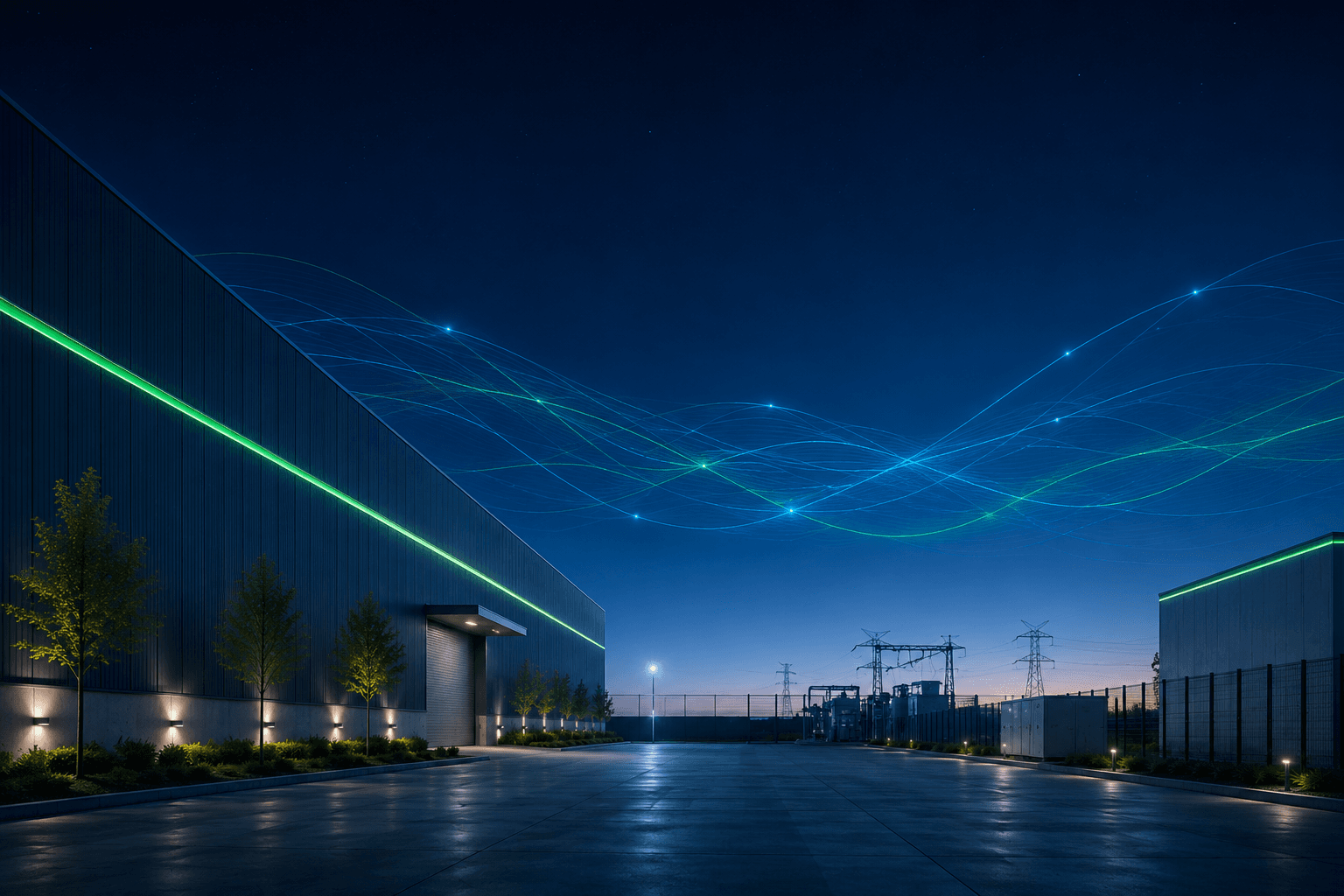 Modern industrial building at night with green neon accents and glowing blue digital waves overhead.