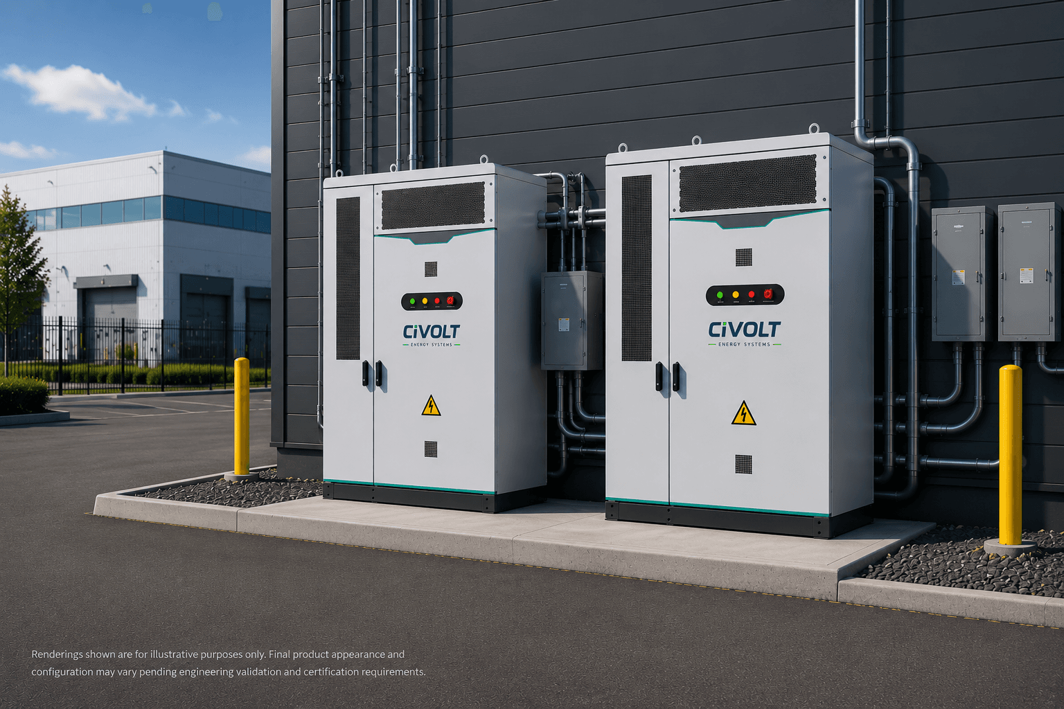 Two white CIVOLT energy storage cabinets installed against a dark gray industrial building wall.
